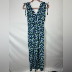 Time to Bloom Jumpsuit Faux Wrap V-neck Floral Blue/Green SMALL Tie Waist